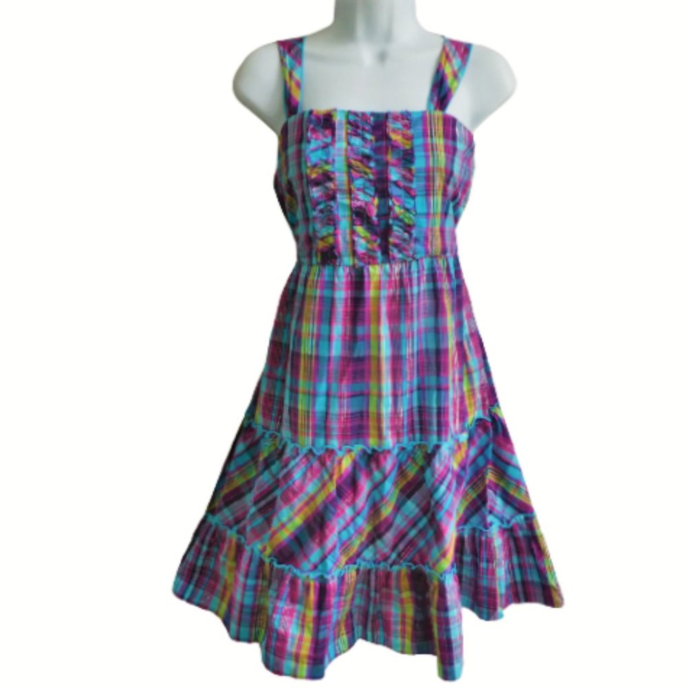 Vintage Girls Dress Plaid Ruffle Lurex Button Back Attached Tie Belt Fit Flare - Picture 1 of 10